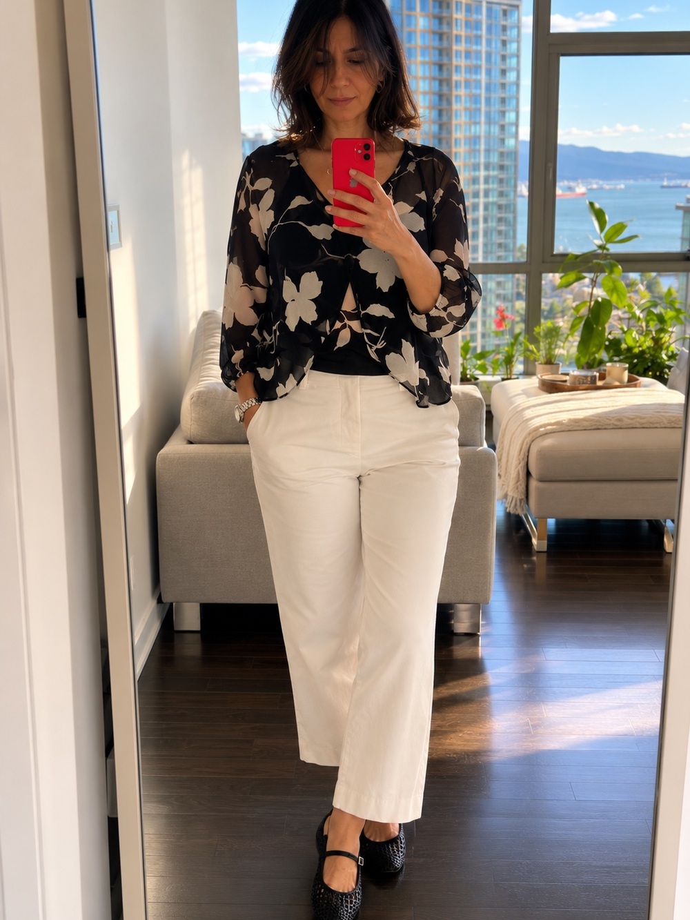 Black Floral Sheer Blouse with White Floral Print